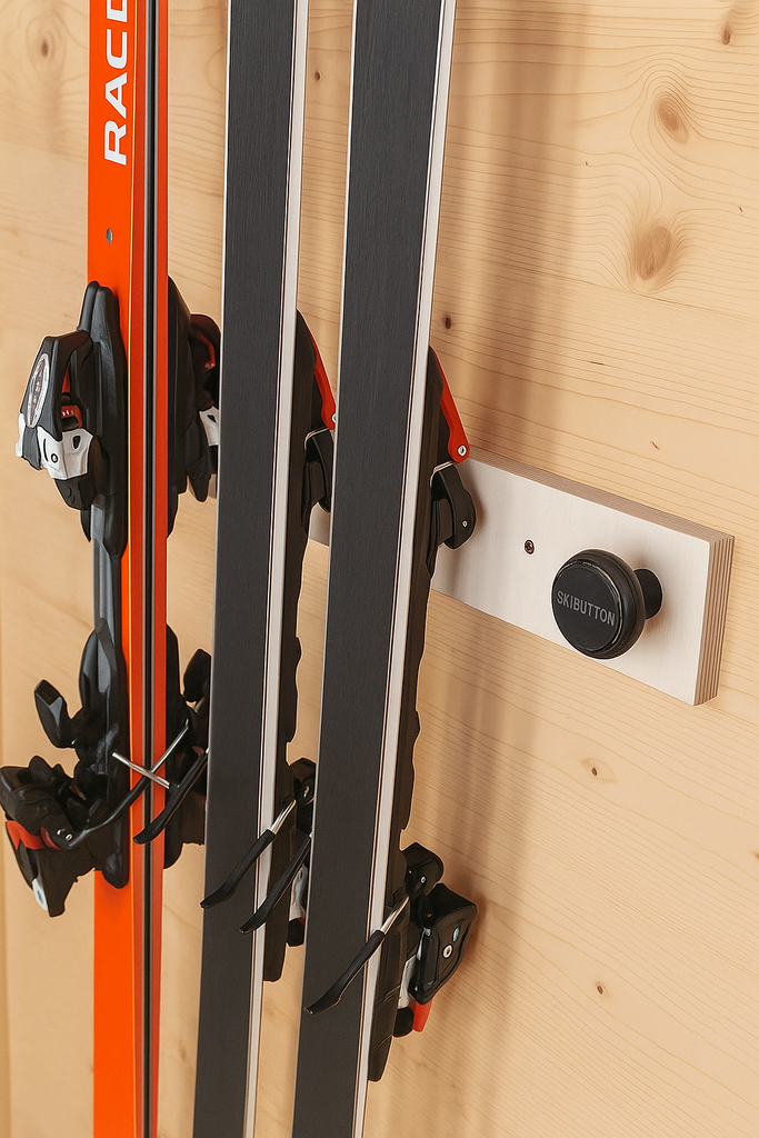 Einzelne Ski und ein paar Ski hängen an einer Wandhalter durch Knöpfe / Buttons